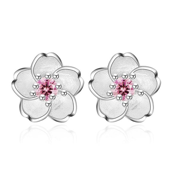 Jewelry - Cherry Flower Blossom Silver Crystal Stud Earrings for Women